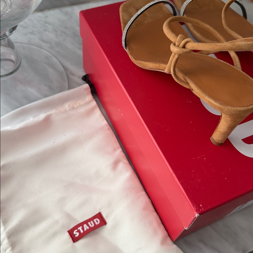 STAUD Tan Suede Strappy Heeled Sandals Rhinestone laurel Crystal heel size 38.5 - Picture 4 of 16